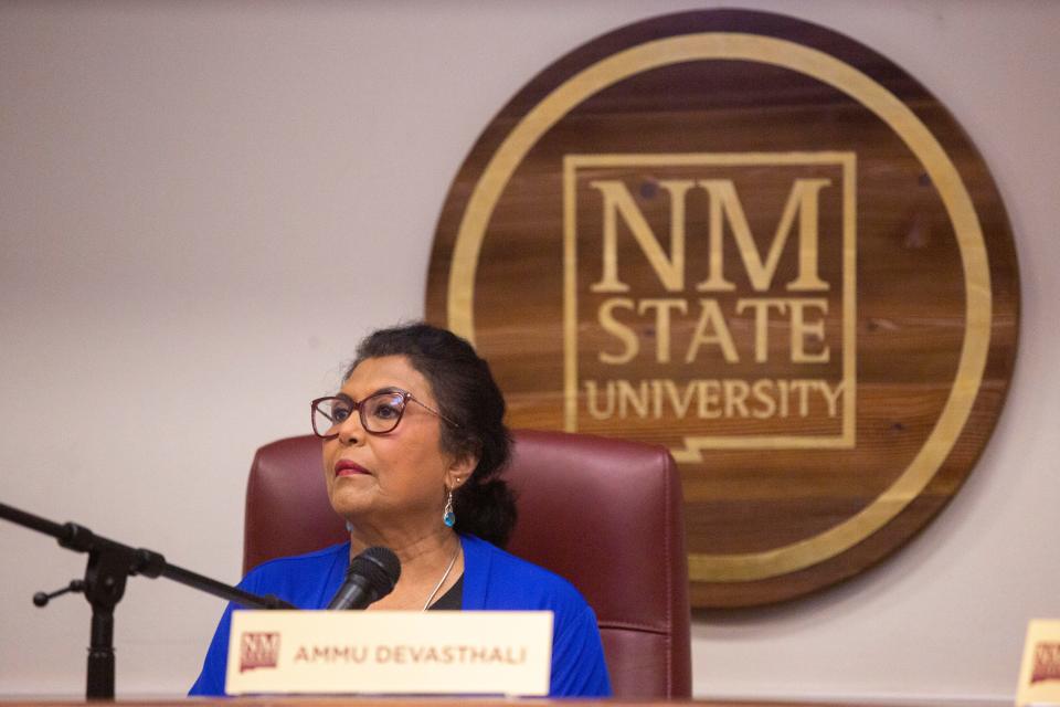Chair Ammu Devasthali speaks during a NMSU Board of Regents meeting on Thursday, Sept. 7, 2023, at New Mexico State University.