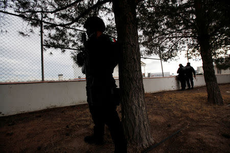 Federal police officers stand guard next to a private landing strip, as signs of increased security are seen next to the international airport in Ciudad Juarez, Mexico, January 19, 2017. REUTERS/Jose Luis Gonzalez