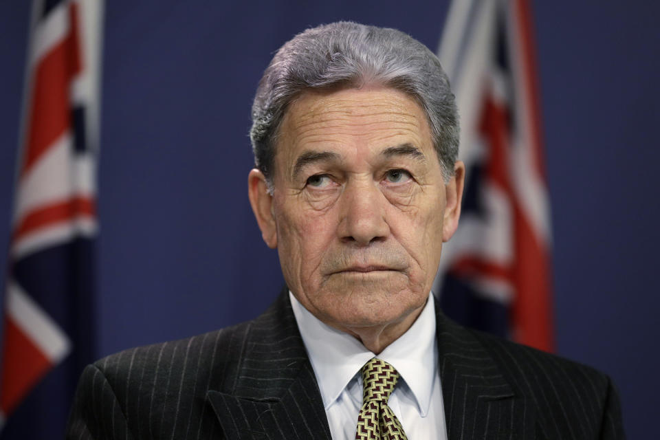 FILE - In this Oct. 4, 2019, file photo, New Zealand Foreign Minister Winston Peters listens during a press conference with Australian Foreign Minister Marise Payne following the Australia-New Zealand Foreign Minister Consultations in Sydney. ew Zealand announced Tuesday, July 28, 2002 it will follow the lead of its intelligence allies by suspending its extradition treaty with Hong Kong. The move comes in response to China passing a sweeping new security law for the semi-autonomous territory. Peters said the new law went against commitments China had made to the international community. (AP Photo/Rick Rycroft, File)