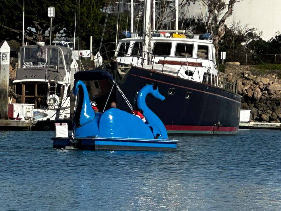 Paddle boats in the shape of dragons, ducks, swans and flamingoes ply Ventura Harbor.