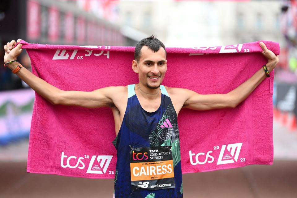 Capital gains: Cairess during last year's London Marathon in which he beat Farah to finish as the top British athlete (Getty Images)