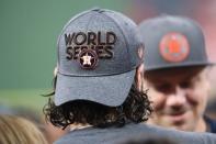 Oct 21, 2017: Houston, TX, USA; View of the World Series hat after game seven of the 2017 ALCS playoff baseball series between the Houston Astros and the New York Yankees at Minute Maid Park. Thomas B. Shea-USA TODAY Sports