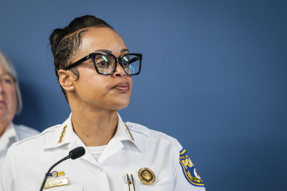 Philadelphia Police Commissioner Danielle Outlaw speaks during a news conference, Wednesday, Aug. 16, 2023, in Philadelphia. Police have changed their account of a fatal shooting by a Philadelphia officer on Monday, Aug. 14, acknowledging that the person was shot inside the car rather than outside and no longer saying that he fled a traffic stop and later “lunged at” at police with a knife. (Jessica Griffin/The Philadelphia Inquirer via AP)