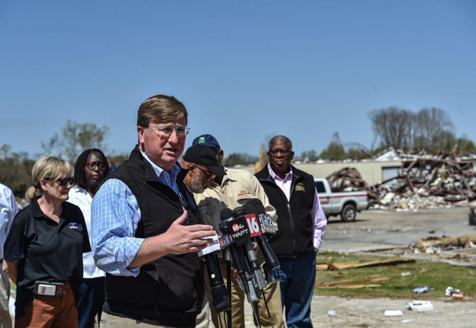 Gov. Tate Reeves speaks at a press conference following Friday's deadly tornado in Rolling Fork, Miss., Sunday, March 26, 2023.