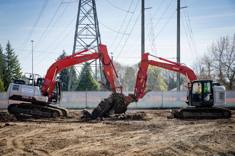 Excavation equipment removes a foundation from the former Currin Substation during a $14.8 million rebuild of the Eugene Water and Electric Board substation near Interstate 105 in Eugene.