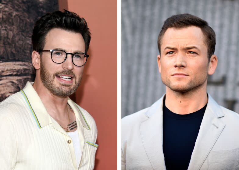 Left: Chris Evans wears glasses and a cream polo. Right: Taron Egerton wears a black tee and pale gray blazer.