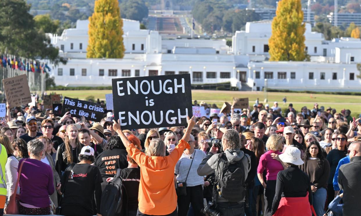 <span>Protesters rally for action to end violence against women in Canberra on Sunday.</span><span>Photograph: Mick Tsikas/EPA</span>