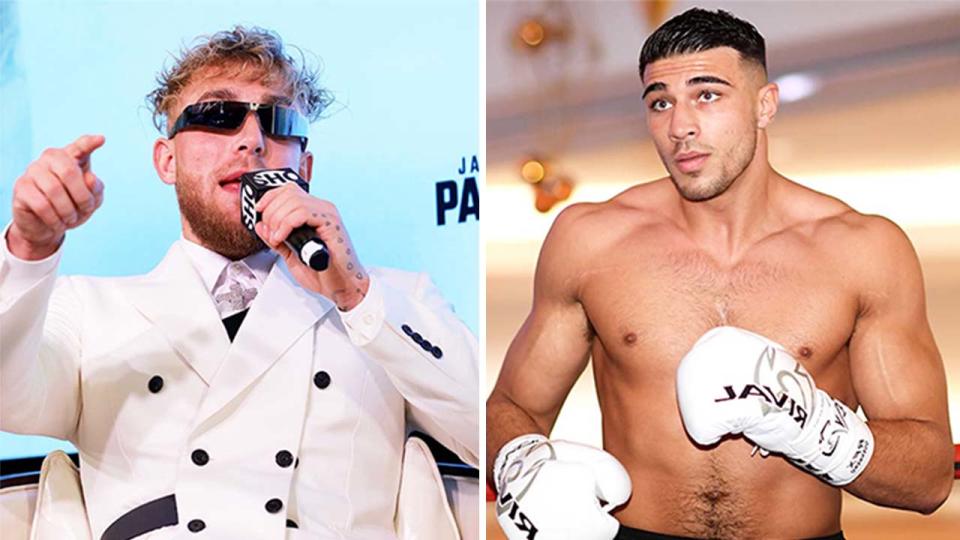 Tommy Fury (pictured right) warming up in boxing and (pictured left) Jake Paul on the microphone.