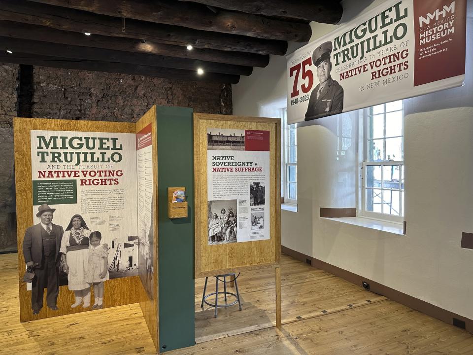 An exhibit at the New Mexico History Museum in Santa Fe, N.M., on Friday, May 17, 2024, recounts the life and times of voting rights pioneer Miguel Trujillo of Isleta Pueblo, who in 1948 successfully challenged New Mexico’s ban on voting by Native Americans. An act of Congress a century ago guaranteed citizenship to Native Americans but was only the outset of an arduous journey to secure voting rights in many states. (AP Photo/Morgan Lee)
