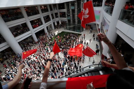 Pro-government supporters wave China flags at a shopping mall in Hong Kong