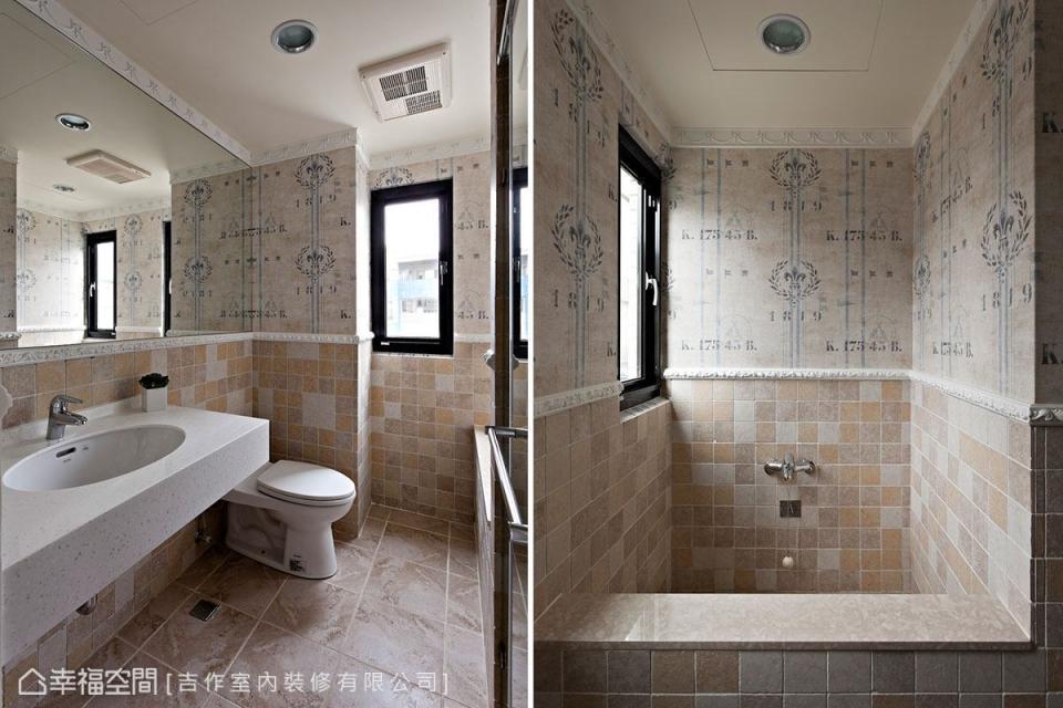 如五星飯店設計的乾濕分離衛浴，藉由暖棕紅色系的馬賽克磁磚拼接、腰牆雕花，替讓牆面的拼接設計做了微妙轉場。