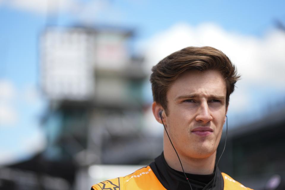 Theo Pourchaire, of France, waits in the pits before a practice session for the IndyCar Grand Prix auto race at Indianapolis Motor Speedway, Friday, May 10, 2024, in Indianapolis. (AP Photo/Darron Cummings)