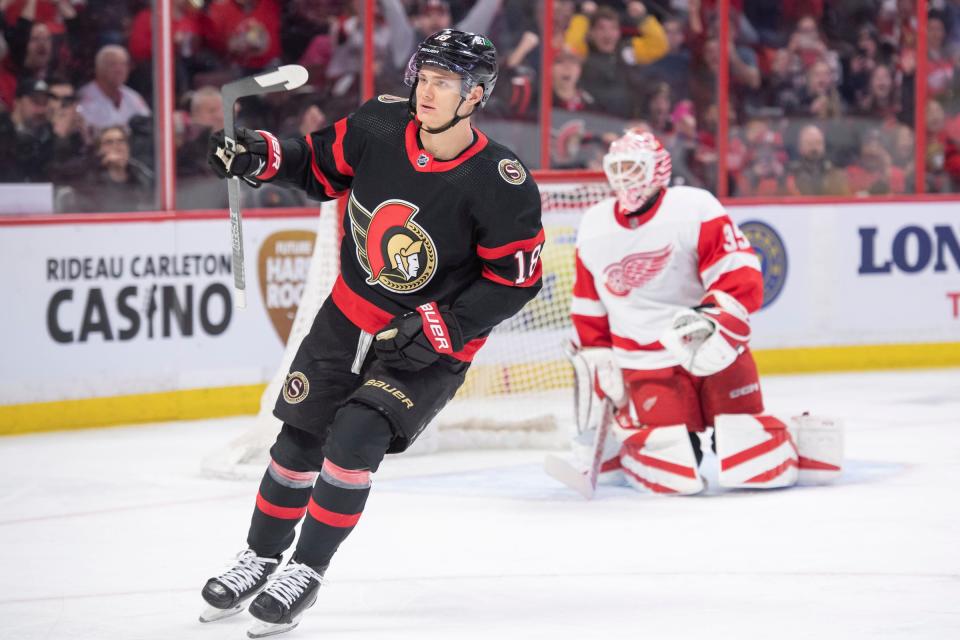 Senators left wing Tim Stutzle celebrates his goal scored against  Red Wings goalie Ville Husso in the first period on Tuesday, Feb. 28, 2023, in Ottawa, Ontario.