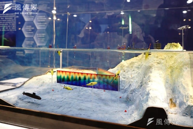 <cite>軍方在國防展展示模型中，將水下滑翔機與潛艦擺在一起。（資料照，張曜麟攝）</cite>