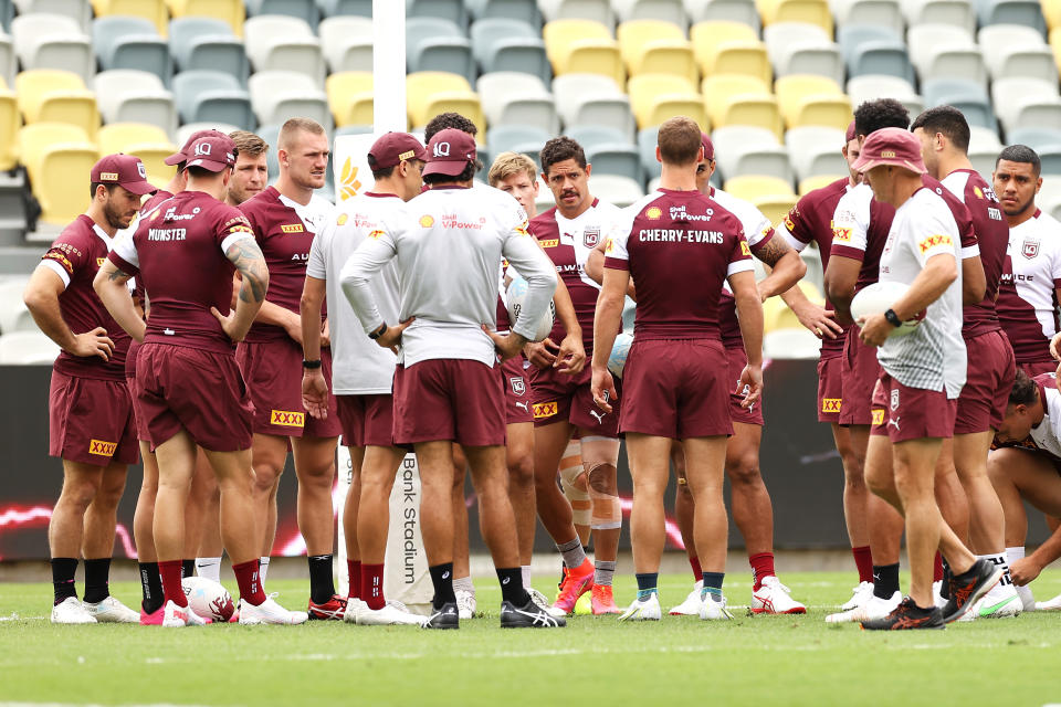 Daly Cherry-Evans speaks to his team on the field during a Queensland Maroons State of Origin training session at Queensland Country Bank Stadium on June 08, 2021 in Townsville, Australia.