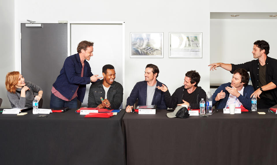 <em>It: Chapter Two </em>cast members at a table read-through. (Photo: Warner Bros.)