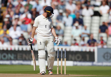 Cricket - England vs West Indies - First Test - Birmingham, Britain - August 17, 2017 England's Mark Stoneman walks off dejected after losing his wicket Action Images via Reuters/Paul Childs