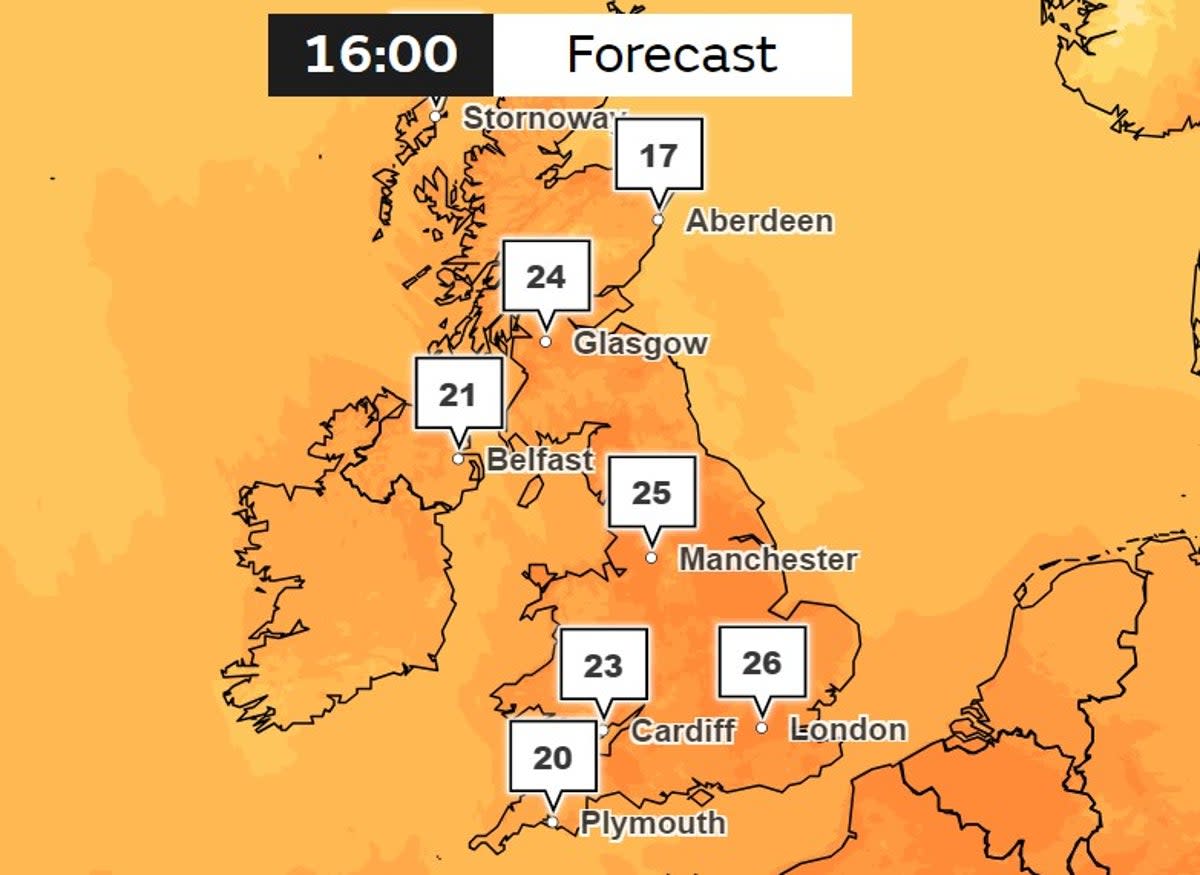 The temperatures could rise up to 28C in parts of the UK b y Thursday, the Met Office said (Met Office)