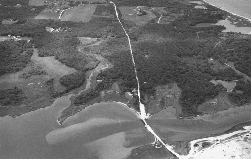 Aerial view of the Dike Bridge and surrounding land. Mary Jo Kopechne drowned in the car that Sen. Ted Kennedy drove over the side of this bridge in July, 1969. (Photo: Steve Liss/The LIFE Images Collection/Getty Images)