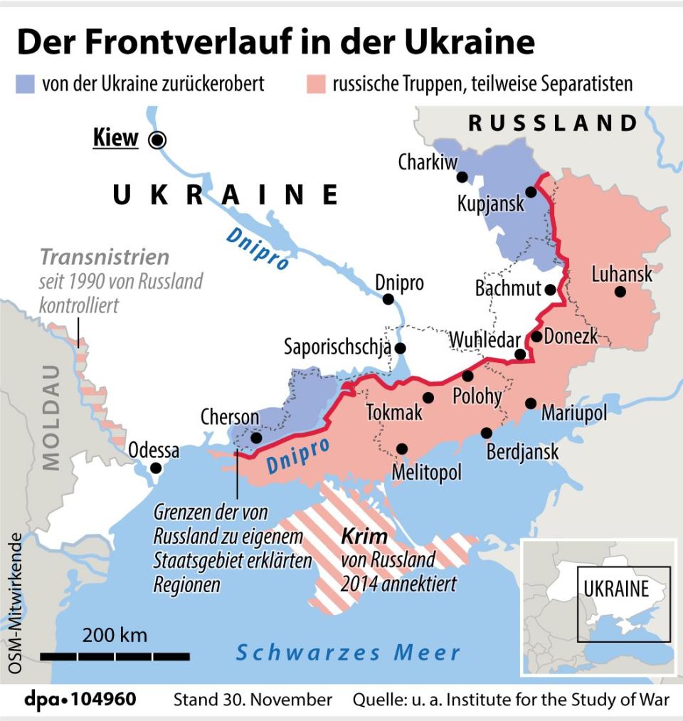 Putin hat am 30. September die Annexion der ukrainischen Gebiete Luhansk, Donezk, Cherson und Saporischschja eingeleitet. - Copyright: picture alliance/dpa/dpa Grafik | dpa-infografik GmbH