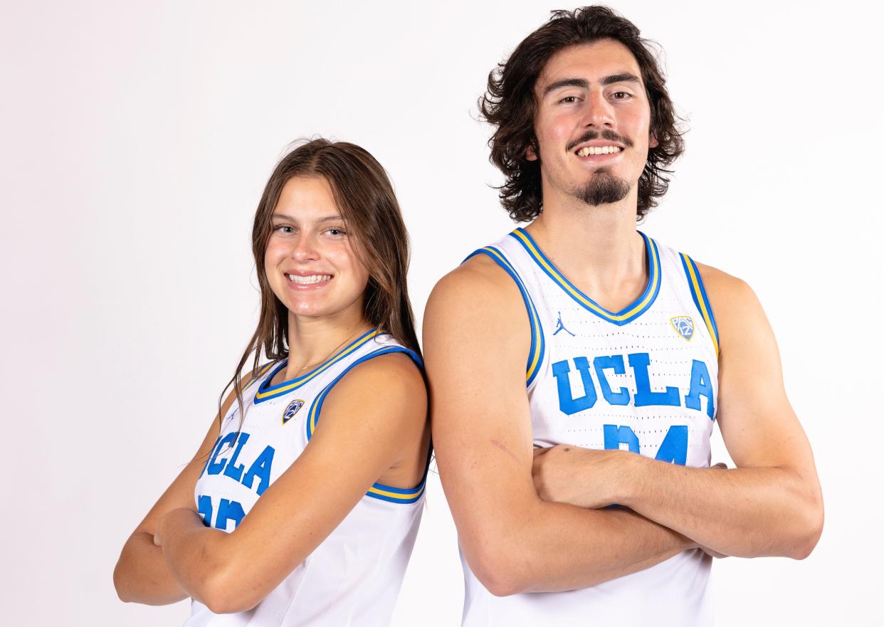 UCLA women's and men's basketball players Gabriela Jaquez, left, and Jaime Jaquez Jr. pose at Pauley Pavilion in Los Angeles, Aug. 23, 2022.