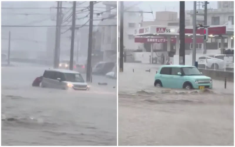 ▲日本沖繩今（14）日受到鋒面影響，多地今早降下暴雨，馬路被水淹過，車輛只能涉水而行，還有民眾涉水推車。（圖／翻攝自@kariyushi19的X）