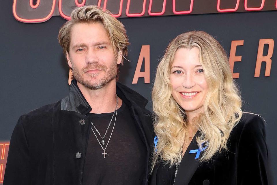 <p>Monica Schipper/Getty </p> Chad Michael Murray and his wife Sarah Roemer in 2023.