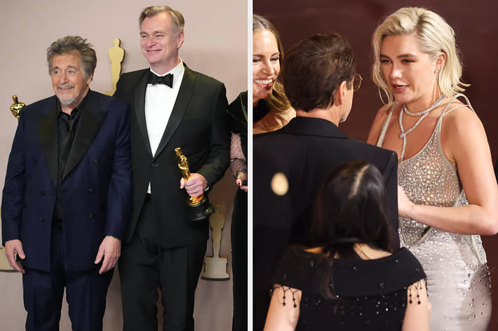 Al Pacino and Christopher Nolan at an award show, Nolan holding a trophy. Woman in beaded gown speaking with couple