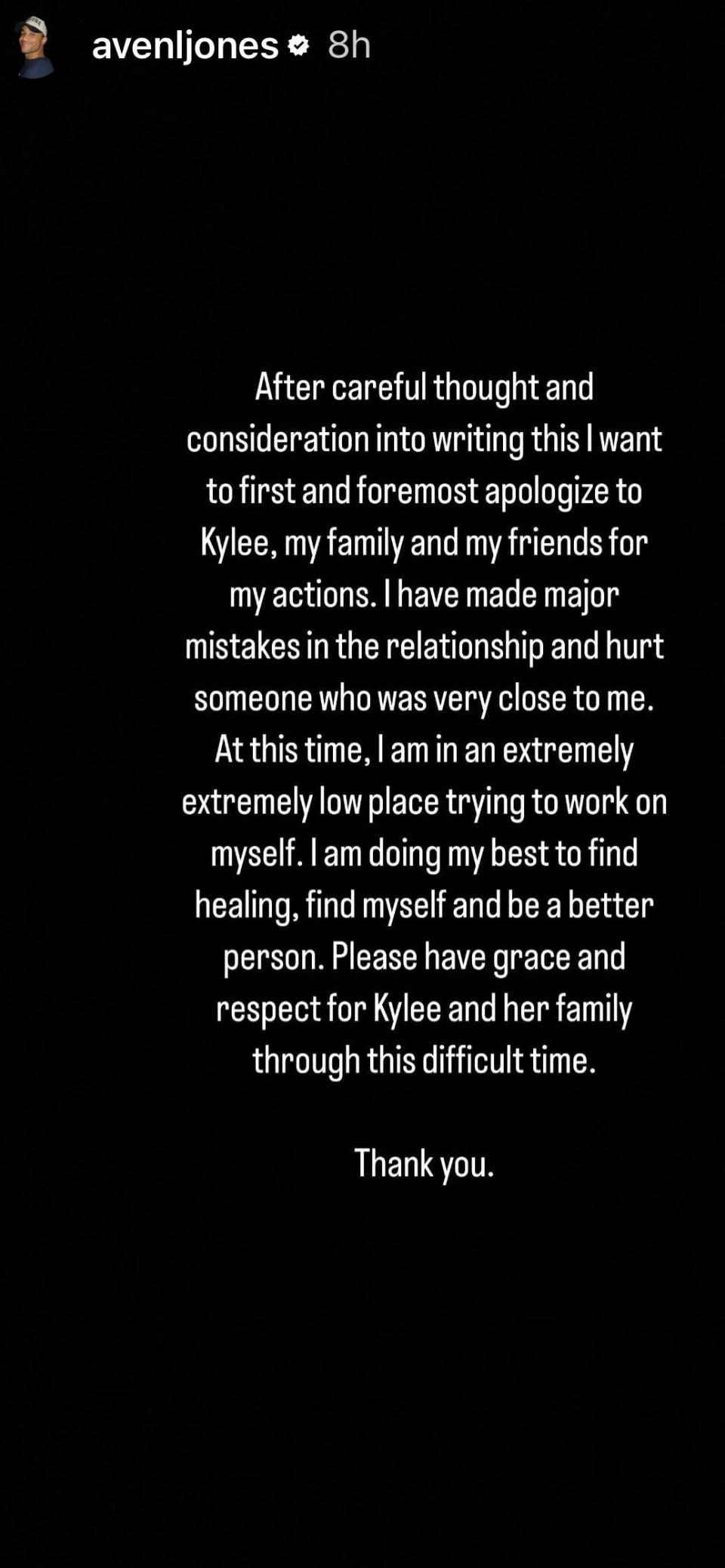 Aven Jones from "Bachelor in Paradise" posts on Instagram about his breakup with Kylee