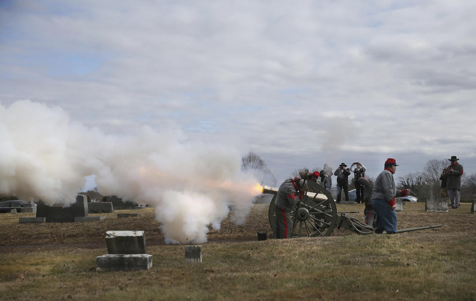 A cannon is fired as the remains of Civil War Gen. A.P. Hill are interred at Fairview Cemetery in Culpeper, Va., Saturday, Jan. 21, 2023. (Peter Cihelka/The Free Lance-Star via AP)