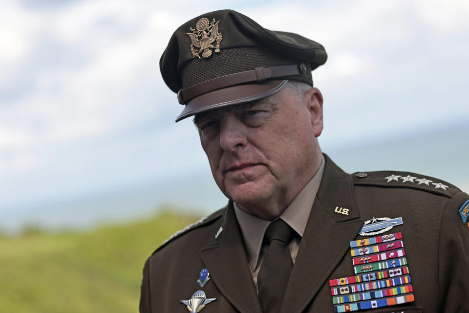 Army Gen. Mark Milley, chairman of the Joint Chiefs of Staff, attends an interview with the Associated Press at the American Cemetery of Colleville-sur-Mer, overlooking Omaha Beach, Monday, June, 6, 2022. Army Gen. Mark Milley, said that the United States and the Allied countries must "continue" to provide significant support to Ukraine out of respect for D-Day soldiers' legacy, as commemorations of the June 6, 1944 landings were being held Monday in Normandy. (AP Photo/ Jeremias Gonzalez)