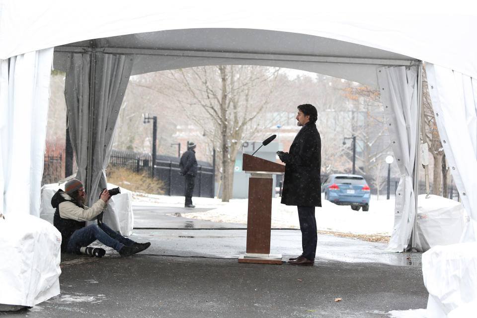 Canadian Prime Minister Justin Trudeau speaks during a news conference on COVID-19 situation in Canada from his residence March 23, 2020 in Ottawa, Canada. (Photo by Dave Chan / AFP)