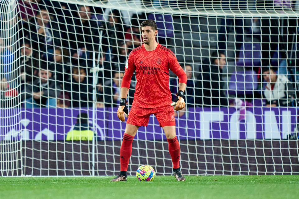 VALLADOLID, SPAIN - DECEMBER 30: Thibaut Courtois of Real Madrid in action during the LaLiga Santander match between Real Valladolid CF and Real Madrid CF at Estadio Municipal Jose Zorrilla on December 30, 2022 in Valladolid, Spain. (Photo by Juan Manuel Serrano Arce/Getty Images)