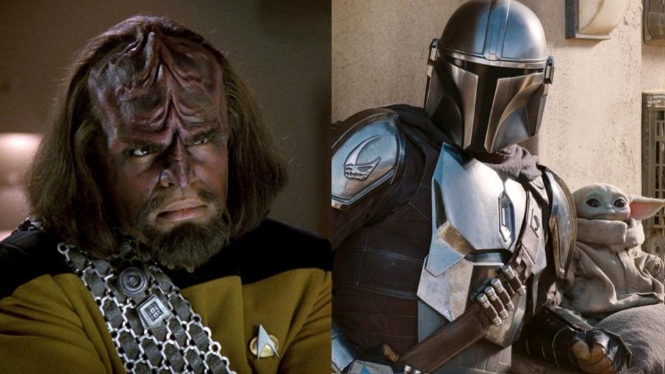 Michael Dorn as Worf on Star Trek: The Next Generation, and Pedro Pascal as The Mandalorian, Din Djarin. 