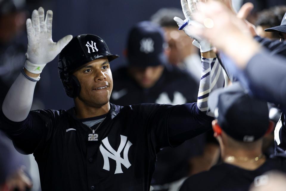 New York Yankees right fielder Juan Soto (22) celebrates after hitting a home run against the Toronto Blue Jays in the fourth inning at George M. Steinbrenner Field.