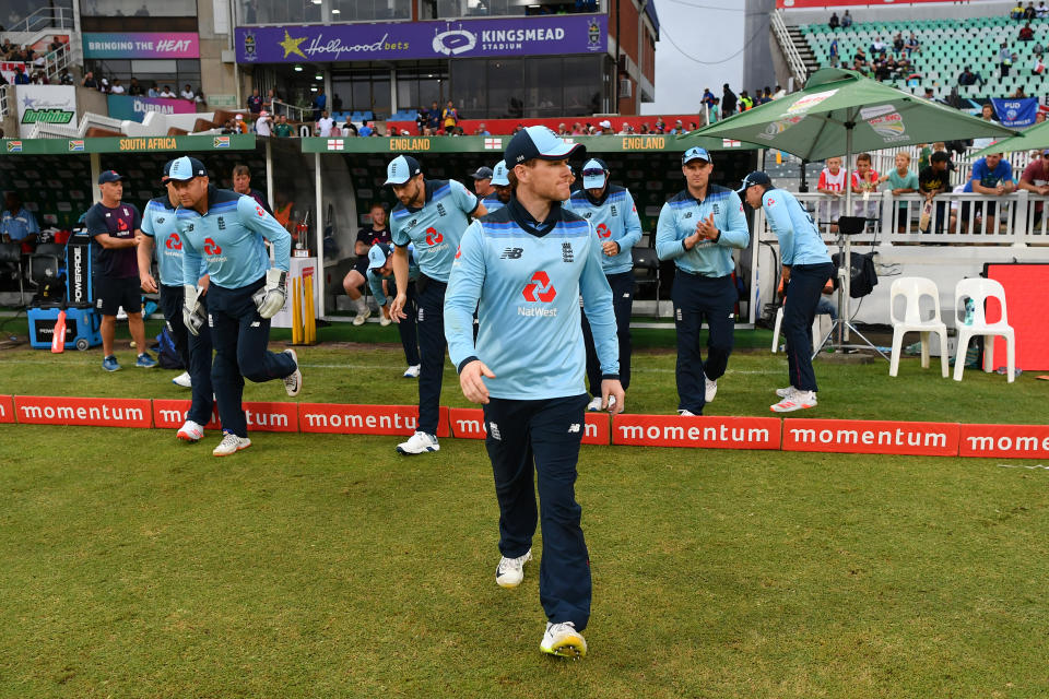 DURBAN, SOUTH AFRICA - FEBRUARY 07:  Eoin Morgan of England leads his team out onto the field during the Second One Day International match between England and South Africa at Kingsmead Stadium on February 07, 2020 in Durban, South Africa. (Photo by Dan Mullan/Getty Images)