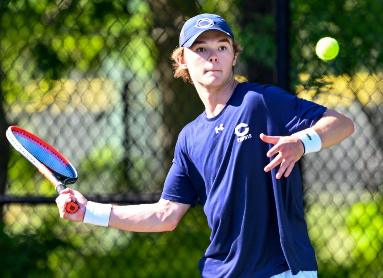 SOUTH YARMOUTH 06/03/24 Cohasset number one singles player Charlie Lankow returns a shot at his Sturgis opponent in the Division 4 Round of 16 boys tennis match 
Ron Schloerb/Cape Cod Times