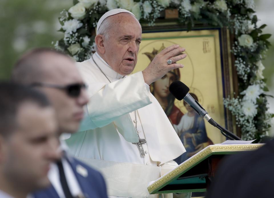 Pope Francis delivers his blessing outside the Cathedral of Saint Alexander Nevsky in Sofia, Bulgaria, Sunday, May 5, 2019. Pope Francis is visiting Bulgaria, the European Union's poorest country and one that taken a hard line against migrants, a stance that conflicts with the pontiff's view that reaching out to vulnerable people is a moral imperative. (AP Photo/ Alessandra Tarantino)