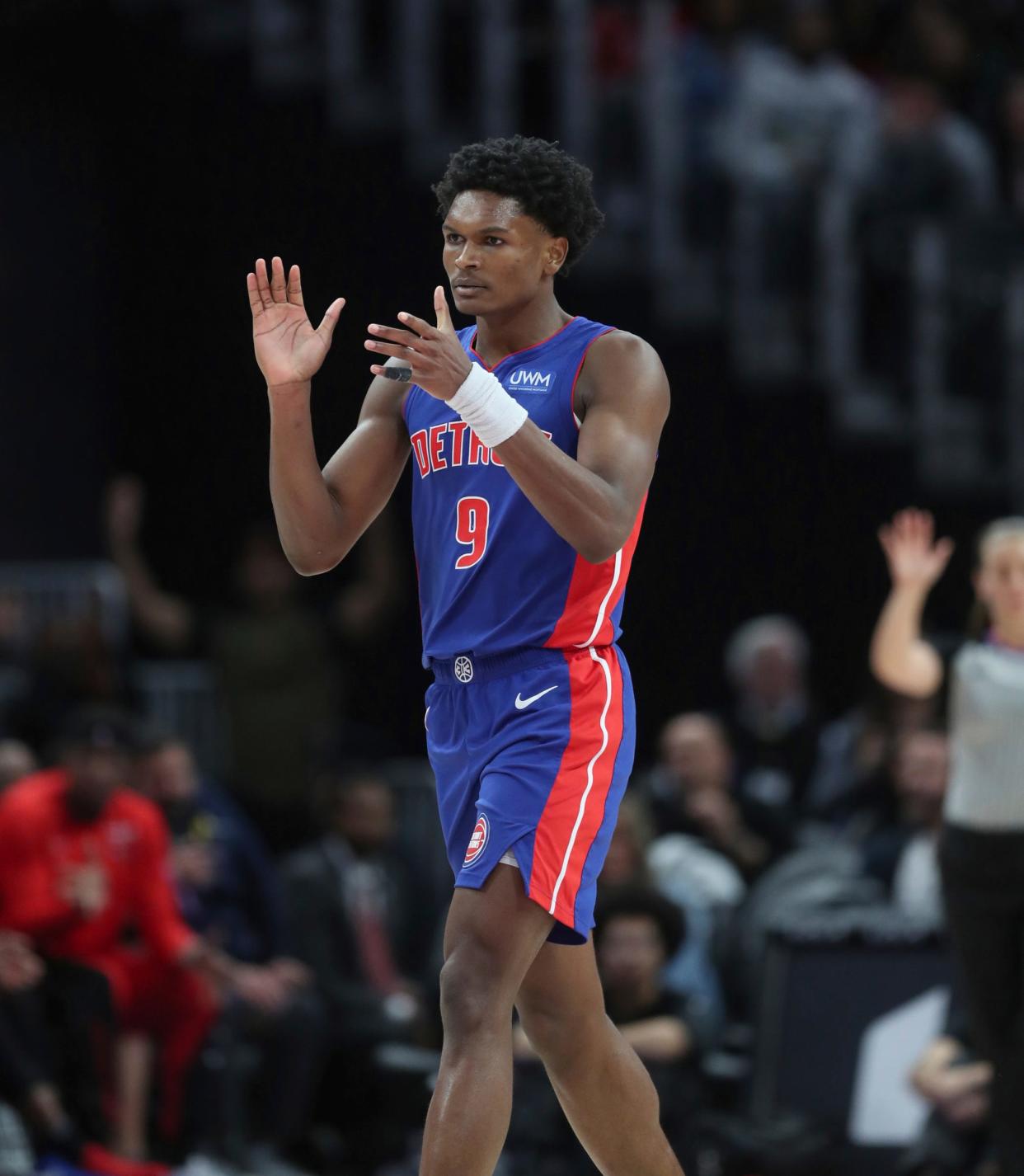 Detroit Pistons forward Ausar Thompson (9) reacts after forcing a turnover against the Chicago Bulls during third-quarter action at Little Caesars Arena in Detroit on Saturday, Oct. 28, 2023.