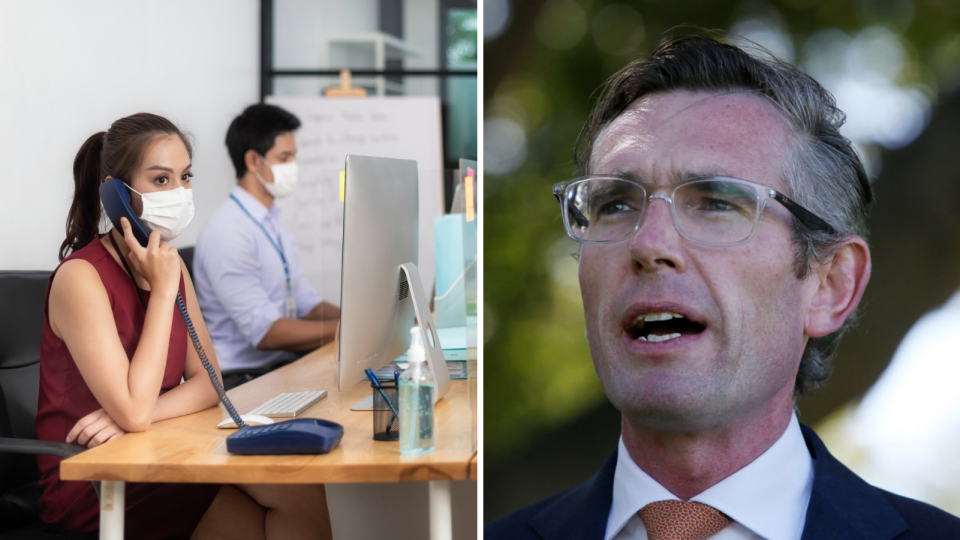 Woman on phone in office wearing face mask, NSW Premier Domnic Perrottet speaks at COVID-19 press conference. 