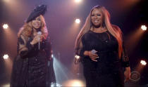 In this video grab issued Sunday, June 28, 2020, by BET, Karen Clark Sheard, left, and Kierra Sheard perform during the BET Awards. (BET via AP)