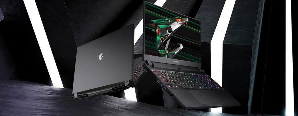 laptops floating on dynamic background