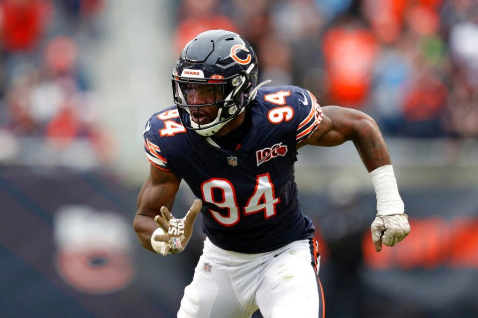 From Nov. 10, 2019, Chicago Bears outside linebacker Leonard Floyd plays against the Detroit Lions during the second half of an NFL football game in Chicago. Floyd moved from Chicago to Los Angeles for the chance to realize his full potential as a pass rusher with the Rams.