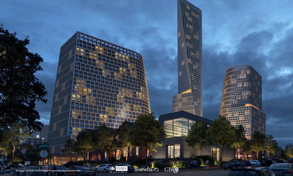 Three striking towers are proposed for the Rutledge Hill Culinary District including high-end retail, dining, hotel and residences connected by landscaped paseos.