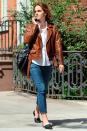 <p>A leather jacket is fashion's best friend this season. Take your cue from Emma Watson and opt for a shade of brown for a less harsh, less wintery finish.</p>