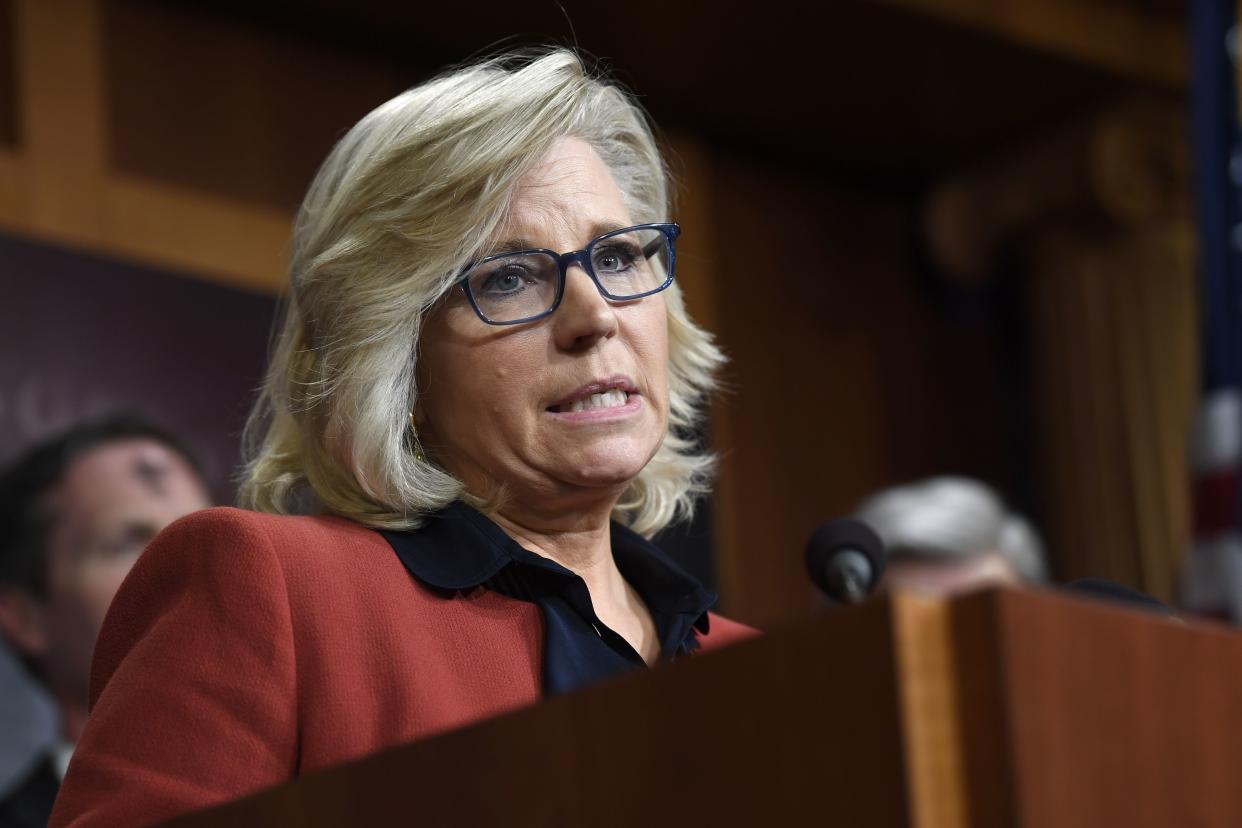 In this March 6, 2019, file photo, Rep. Liz Cheney, R-Wyo., speaks during a news conference on Capitol Hill in Washington.