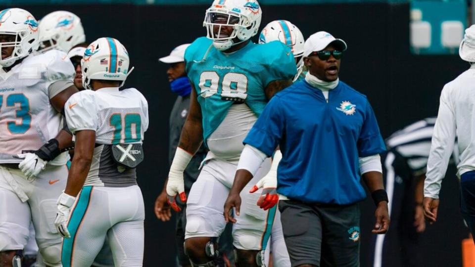 Miami Dolphins Head Coach Brian Flores conducts drills during training camp at Hard Rock Stadium last month in Miami Gardens, Florida. (Photo by Mark Brown/Getty Images)
