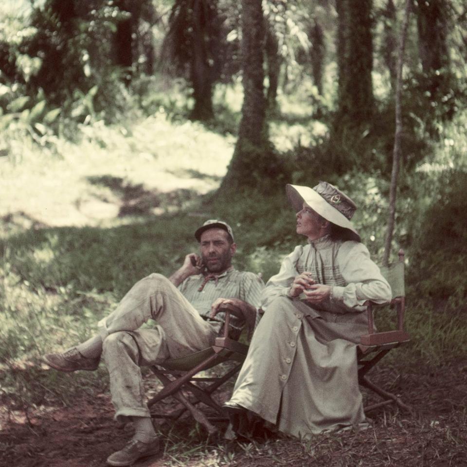 Humphrey Bogart and Katherine Hepburn on set of The African Queen - Getty