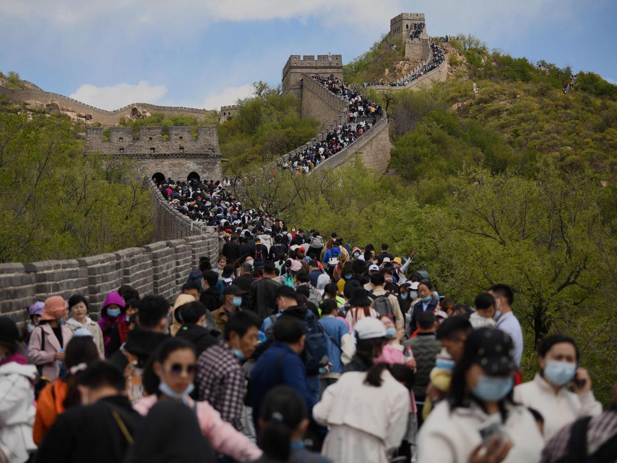 People visit the Great Wall during the labour day holiday in Beijing on May 1, 2021.