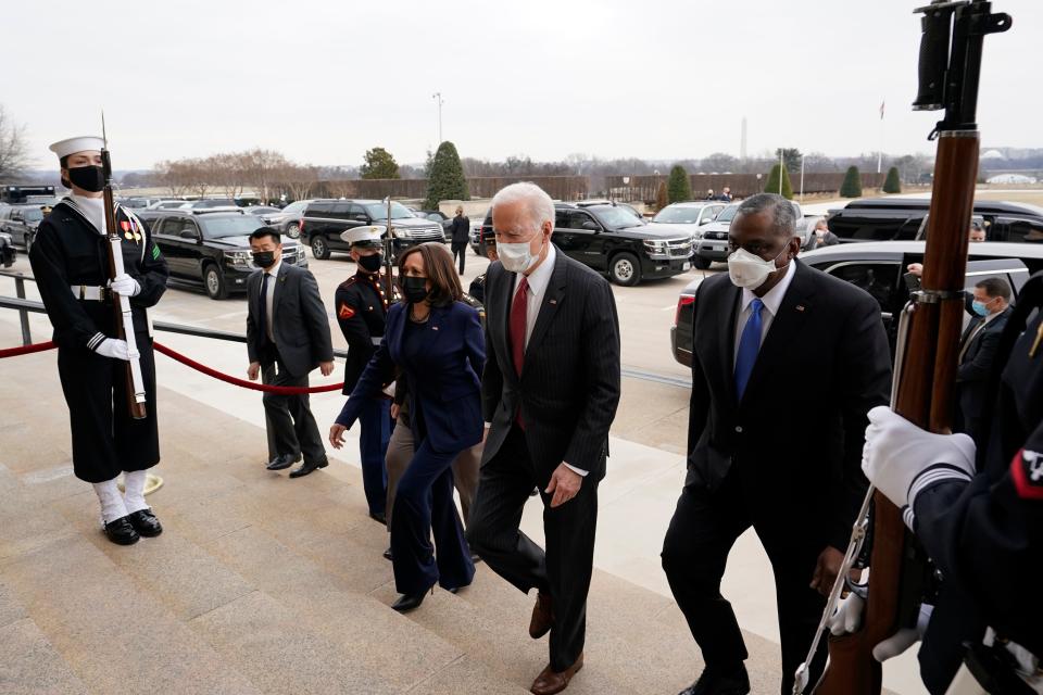 President Joe Biden and Vice President Kamala Harris and Secretary of Defense Lloyd Austin at the Pentagon on 10 February, 2021  (Getty Images)